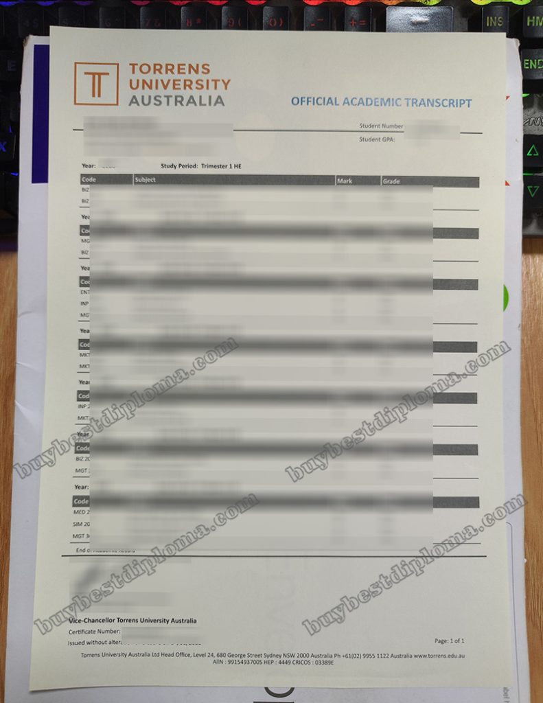 Torrens University transcript, Torrens University certificate,